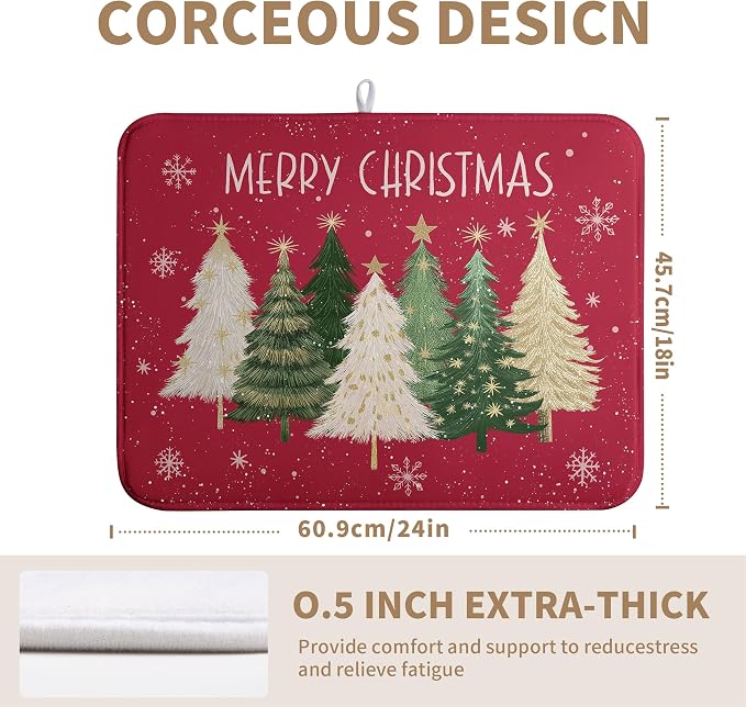 Merry Christmas Dish Drying Mat for Kitchen Counter 18x24 Inch Red Xmas Tree Snowflakes Drying Pad Winter Holiday Absorbent Microfiber Dish Draining Reversible Dish Drainer Rack Mat