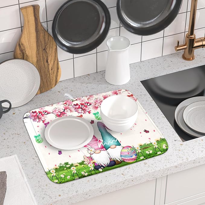 Giwawa Easter Gnome Dish Drying Mat Floral Eggs Bunny Kitchen Drainer Mat 16x18 inch Absorbent Holiday Fast Dry Pad Protector for Counter Tabletop
