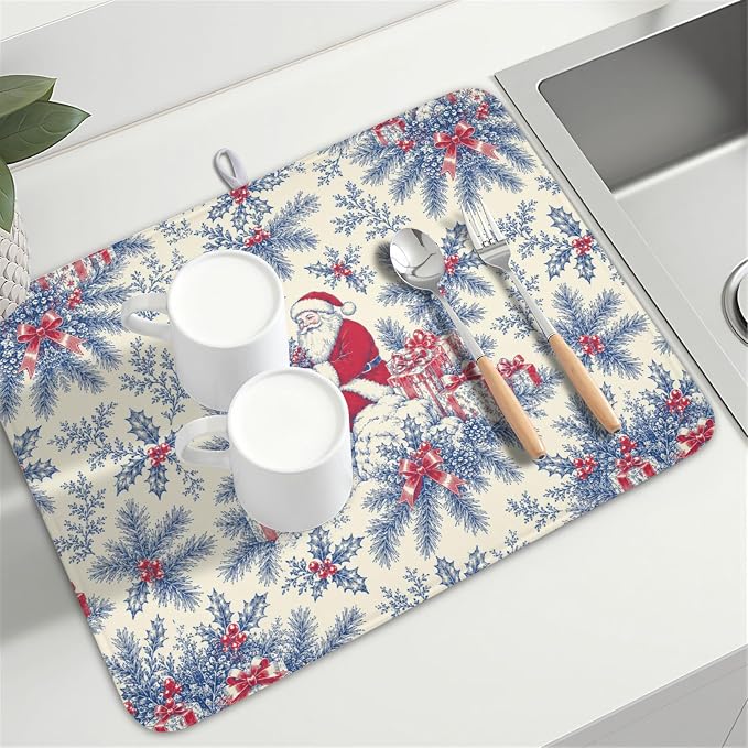 Christmas Santa Claus Dish Drying Mat for Kitchen Counter 18x24 Inch | Vintage Blue Chinoiserie Christmas Holly Leaves Dish Drainer Mat Rustic Xmas Holiday Absorbent Washable Drying Pad