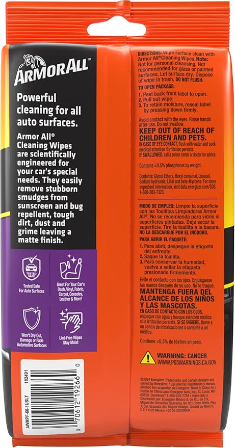 Armor All Car Interior Cleaner Wipes, Interior Cleaning Wipes for Cars, Trucks, Motorcycles, 60 Each (Pack of 6)