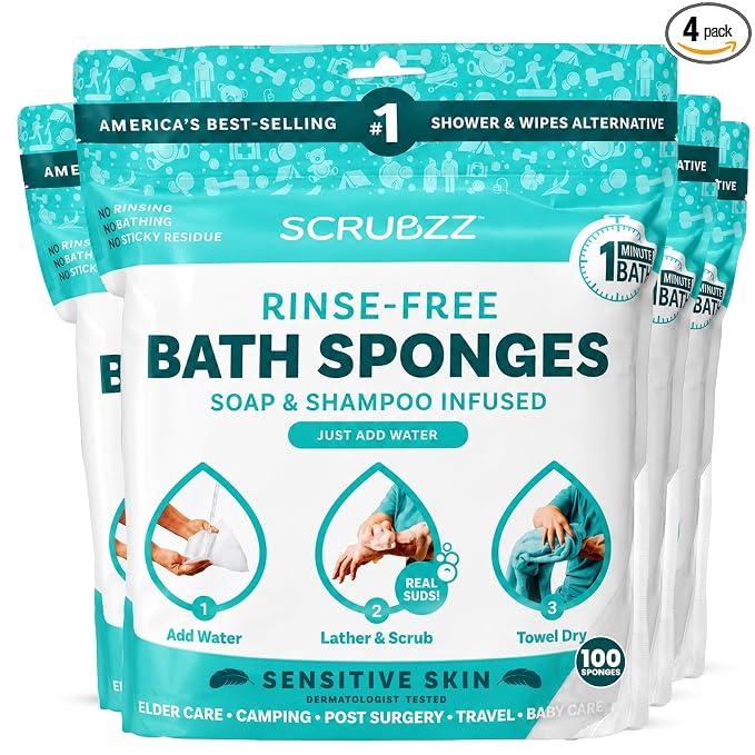 Scrubzz Disposable No Rinse Bathing Wipes for Sensitive Skin - All-in-1 Single Use Shower Wipes, Simply Dampen, Lather, and Dry Without Shampoo or Rinsing (Sensitive Skin, 4-Pack)