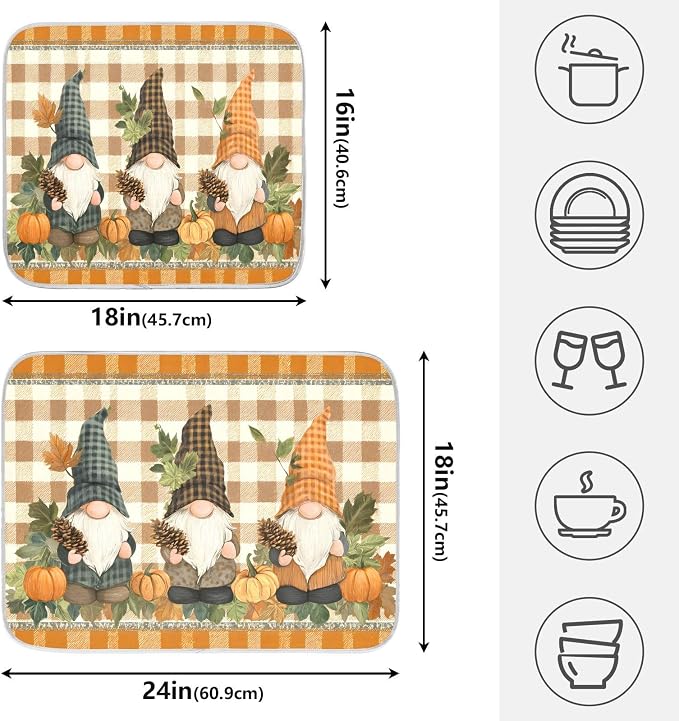 Fall Pumpkin Gnomes Maple Leaves Autumn2 Dish Drying Mat for Kitchen Counter Absorbent Microfiber Small Drying Pad Dish Mats for Kitchen Countertops 16 x 18 Inch
