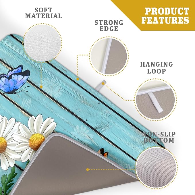 Daisy Dish Drying Mat for Kitchen Counter 18”x24” Rustic Daisy Absorbent Dish Drying Mat Reversible Microfiber Dish Drainer Rack Fast Drying Mat for Countertops Tableware Decor