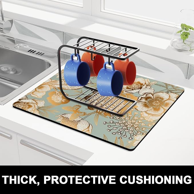 Rnivvi Dish Drying Mat for Kitchen Counter, 16 x 18" Cute Flower Theme Absorbent Heat Resistant Drying Pad with Non-slip Rubber, Coffee Bar Mats for Dish Rack Kitchen Decor Accessories, Green