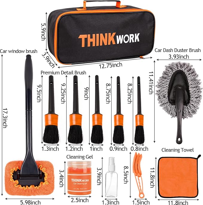 THINKWORK Windshield Cleaner Tool, Car Detailing Kit Interior, Car Cleaning Kit Interior and Exterior Detail Brush, Auto Supplies & Accessories for Men Women | 180 Degree Rotating Head, Extendable Handle, 3 Washable Pads, Streak Free Cleaning for Windo...