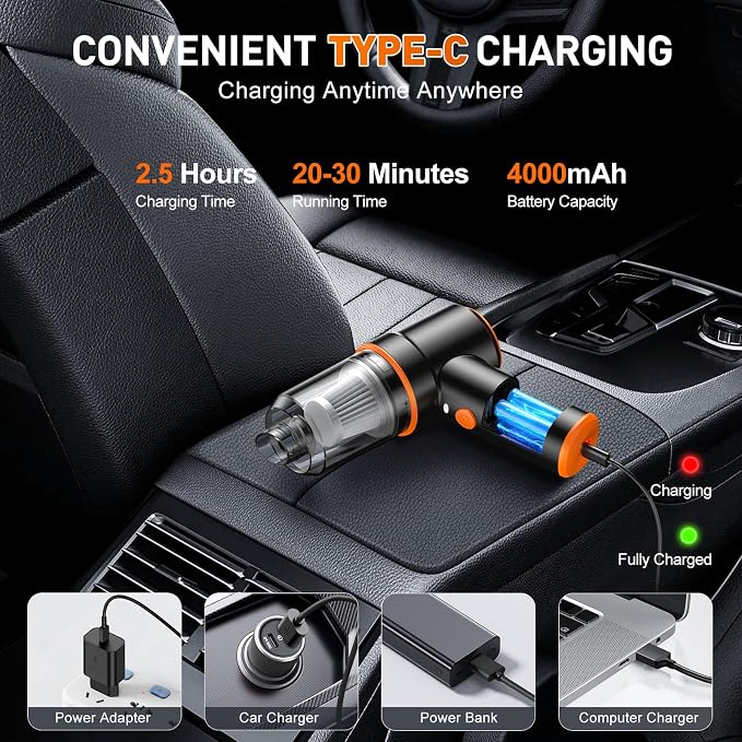 KMM Handheld Car Vacuum Cleaner, 9000PA Hand Held Vacuum & Air Duster | 120W High Power, Portable, Cordless, Rechargeable, Multi-Nozzles & LED Light, For Home, Car, Office