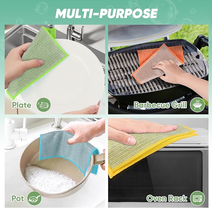 Orighty Multipurpose Wire Dishwashing Rag 24 Pcs, Upgraded Double-Layer Non-Scratch Wire Dish Cleaning Cloths, Kitchen Reusable Steel Scrubber, Powerful Dishcloth Rag for Cookware, Multicolor, 7"x8"
