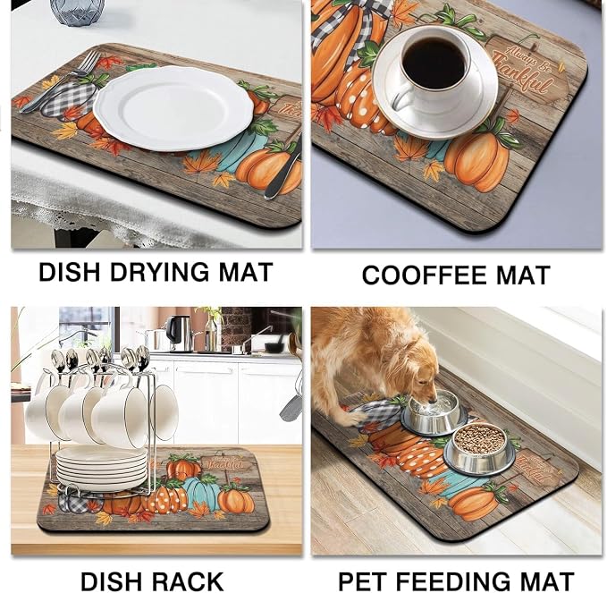 Fall Dish Drying Mat 2-Pack in Pumpkin for Kitchen Counter Dishes Mat | Diatom Mud Mats (18x24, 19.5x12"). Non-slip rubber back for kitchen counter, coffee bar & sink scenes
