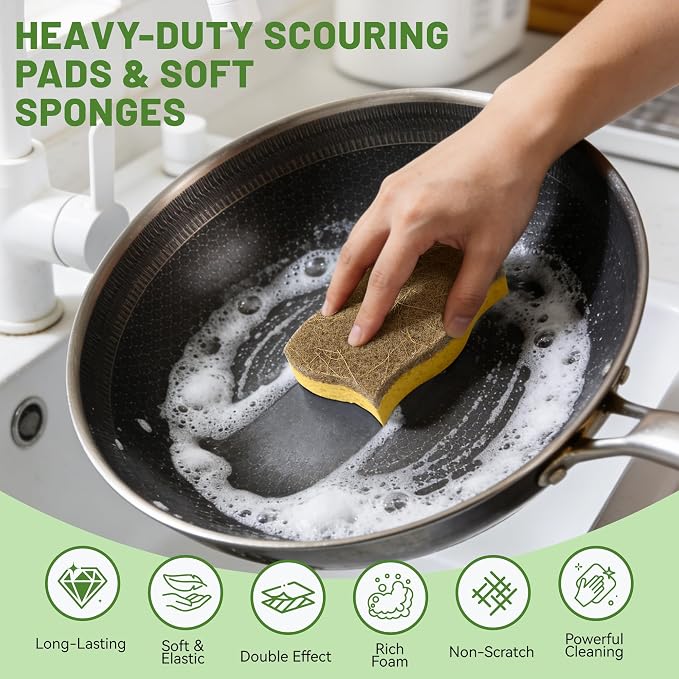 LILAC 12 Pack Natural Cellulose Sponges for Dishes - Non-Scratch Kitchen Scrub Sponges - 100% Biodegradable & Eco-Friendly Cleaning Sponges for Non-Stick Cookware, Bathroom & Household（Yellow）