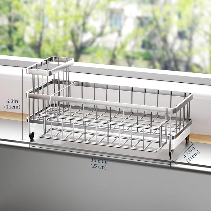 Consumest Sponge Holder for Kitchen Sink - Auto Draining Sink Caddy Organizer with Detachable Rack, High Brush Holder, Kitchen Countertop Storage Accessories, Silver-Large