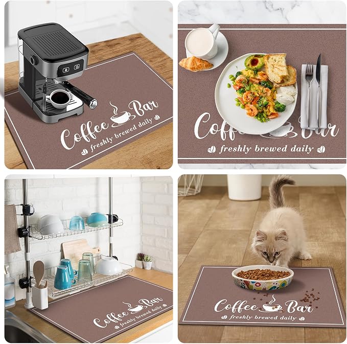 CooRug Absorbent Coffee Mat, Fashion Dish Drying Mat for Kitchen Counter Coffee Bar Accessories Espresso Machine Dish Rack 17" x 32" Brown