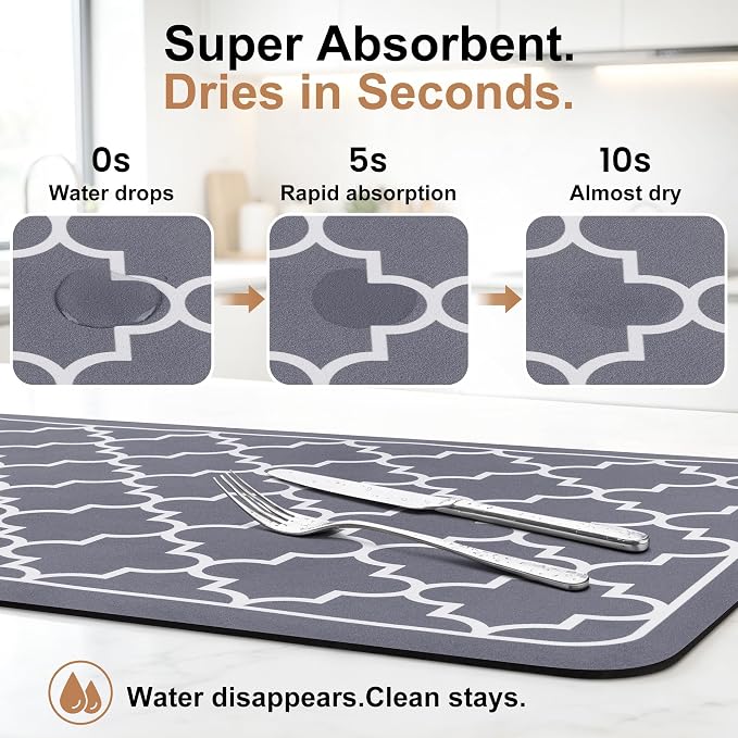 WISELIFE Dish Drying Mat Super Absorbent Drying Mat Large Dish Drying Mats for Kitchen Counter Easy Clean Dish Mat Kitchen Drying Mat15"x 18" Stylish Grey