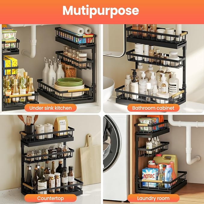 Under Sink Organizer and Storage for Bathroom and Kitchen - 2 Pack 3 Tier Under Cabinet Pull Out Shelf Organizers - Slide Out Drawer Organization for Home Cabinets Shelves and Drawers