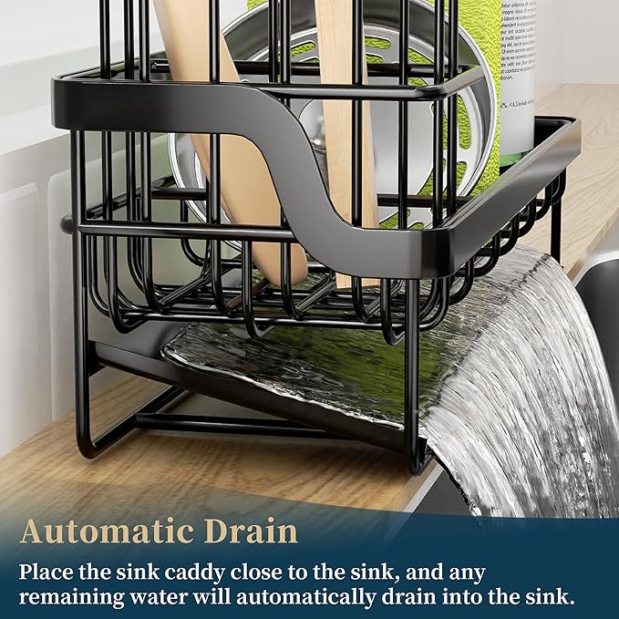 Consumest Sponge Holder for Kitchen Sink - Sink Caddy with Stainless Steel Self Drain Tray, Sink Organizer with High Brush Holder Countertop for Kitchen Sink Accessories, Black