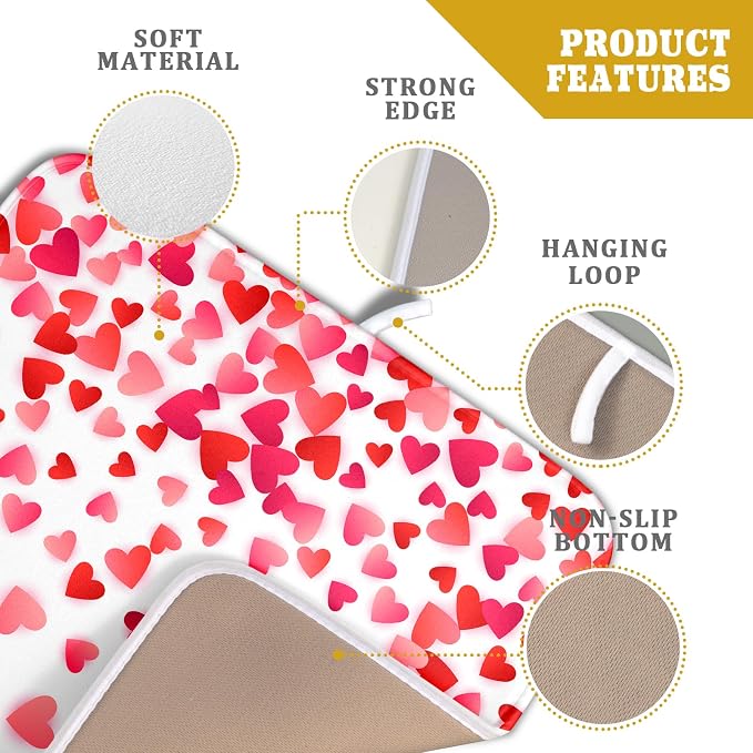 Valentines Dish Drying Mat for Kitchen Counter Hearts Holiday Microfiber Absorbent Dish Draining Reusable Washable Foldable 16"x18"