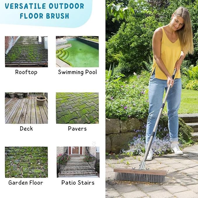 Stainless Steel Scrub Brush, Heavy Duty Deck Brush with 160cm Extendable Handle for Concrete Patio Moss Grime Removal