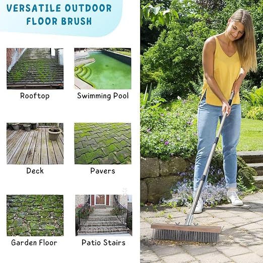 Heavy Duty Stainless Steel Wire Scrub Brush with Long Handle Moss Remover Wire Broom for Patio Deck Garden Garage, Outdoor Floor Scrub Brush (30cm / 11.8in)