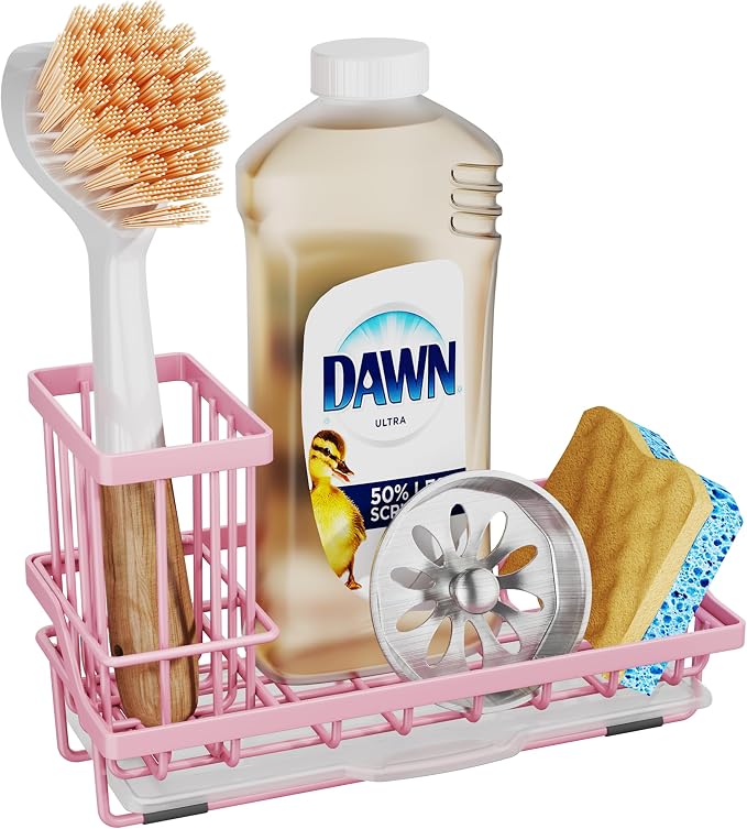 SWTYMIKI Sink Caddy Sponge Holder - Kitchen Sink Organizer with High Brush Holder for Countertop to Hold Dish Soaps and Sponges, Stainless Steel, Pink