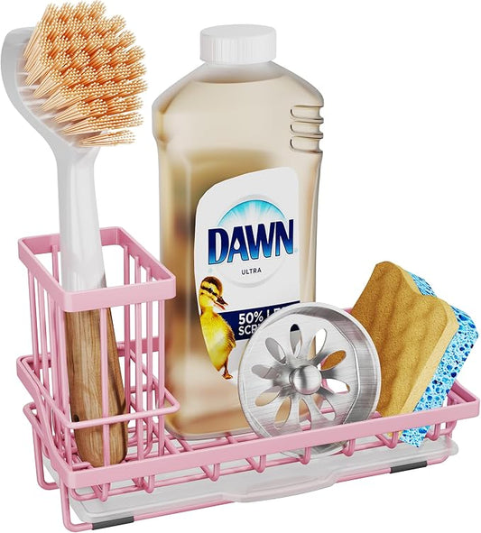 SWTYMIKI Sink Caddy Sponge Holder - Kitchen Sink Organizer with High Brush Holder for Countertop to Hold Dish Soaps and Sponges, Stainless Steel, Pink