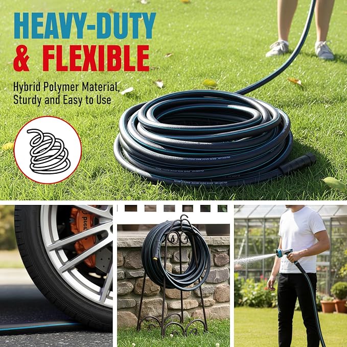 Garden Hose 25 ft x 5/8" with Nozzle, Water Hose Heavy Duty Flexible, Lightweight Kink-less Hybrid Hose with Swivel Handle, Male to Female Fittings