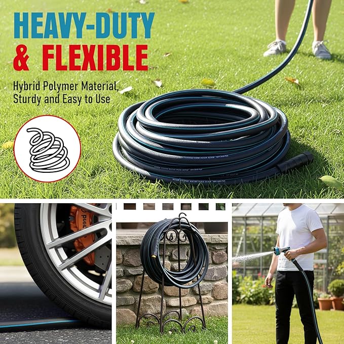 Garden Hose 50 ft x 5/8" with Nozzle, Water Hose Heavy Duty Flexible, Lightweight Kink-less Hybrid Hose with Swivel Handle, Male to Female Fittings