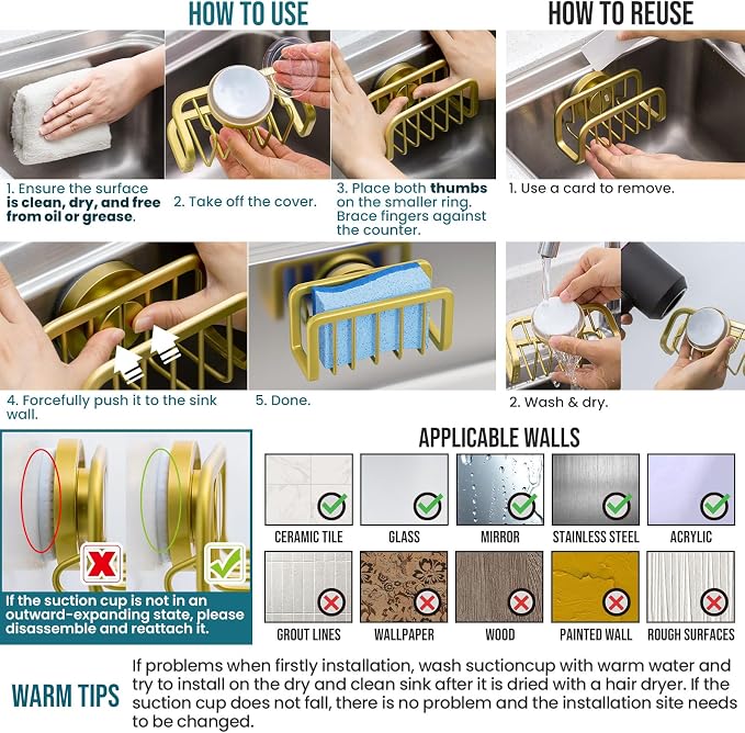 TAILI Sink Caddy with Strong Suction Cup, Sponge Holder for Kitchen Sink Oganizer, Removable Rustproof Aluminum Sponge Holder, Dish Brush for Scraper - Gold