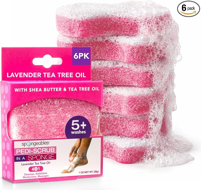 Spongables Pedi Scrub Foot Exfoliating 5+ Wash Travel Sponge, Lavender, 6 Count (Pack of 6)