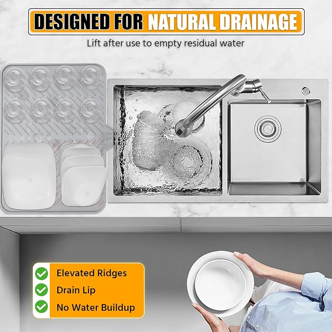 Luxet Silicone Dish Drying Mat with Built-in Drain Lip - Hygienic Drying Pad - Sturdy Compact Easy to Clean Tray Protects Surfaces Prevents Water Build Up - 23 X 17 (Grey)
