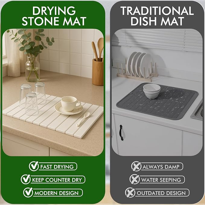 Large Stone Dish Drying Mat for Kitchen Counter, Instant Drying Pad, Super Absorbent Foldable Dish Drying Mat, 24"×16", White