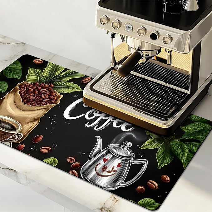 Dish Drying Mat Large Coffee Mat Absorbent Drying Mat for Kitchen Counter Coffee Bar Accessories 32"x 17", Coffee Leaves