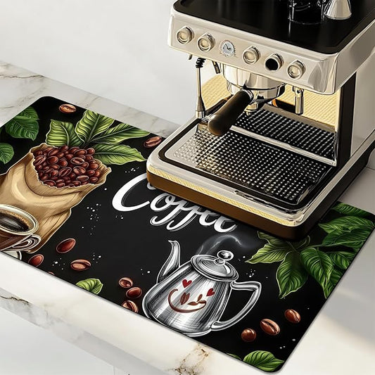 Dish Drying Mat Large Coffee Mat Absorbent Drying Mat for Kitchen Counter Coffee Bar Accessories 32"x 17", Coffee Leaves