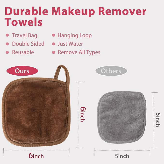 Natwag Makeup Remover Cloth, 6" x 6" Make Up Towels Reusable Face Cloth for Washing Face, Makeup Remover Pads Microfiber Face Washcloth with Mesh Bag, Just Water, 12 Pack, Brown