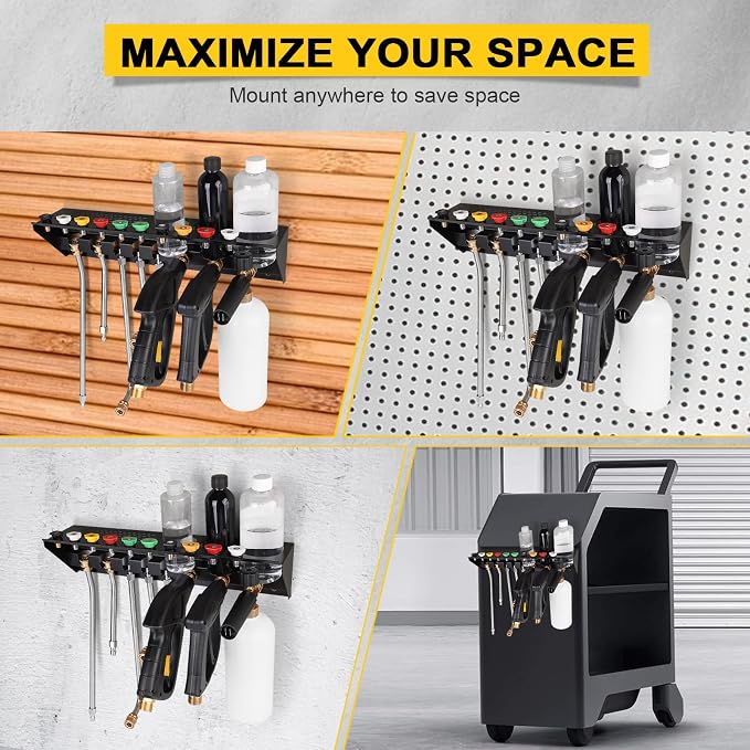 Pressure Washer Gun & Foam Cannon Holder with 1/4" Quick Connector | Wall Mount Organizer For Pressure Washer Tools, 10 Nozzle Slots, Secure Foam Cannon Storage, Rust-Resistant Metal Design