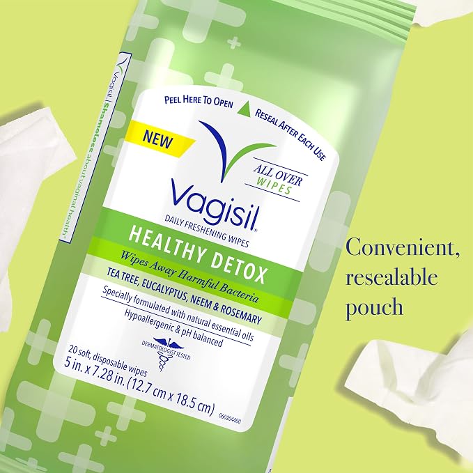 Vagisil Wipes for All Over Cleaning, Health Detox, Formulated with Essential Oils, 20 Wipes in a Re-Sealable Pouch (Pack of 1)