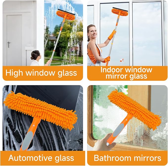 2 in 1 Window Squeegee Cleaner Kit Extension Pole, 67 in, Orange | Window Washing Equipment with Bendable Head for Indoor & Outdoor High Windows and Car Glass