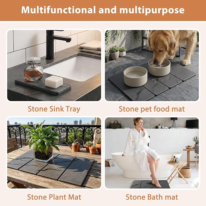 Large Stone Dish Drying Mat for Kitchen Counter, 2 PCS Quick Dry Diatomaceous Earth Dish Mat Set – Foldable Water Absorbing Kitchen Accessories for Countertop(Dark Gray 24"x16"&8"x4")