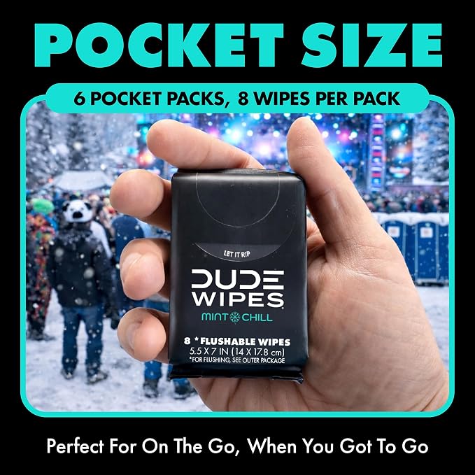 DUDE Wipes Mint Chill Pocket Packs - Travel Wipes - 6 Packs of 8 (48 Count) - On-The-Go Adult Flushable Wipes - Infused with Tea Tree Oil, Vitamin E, and Aloe - Septic and Sewer Safe