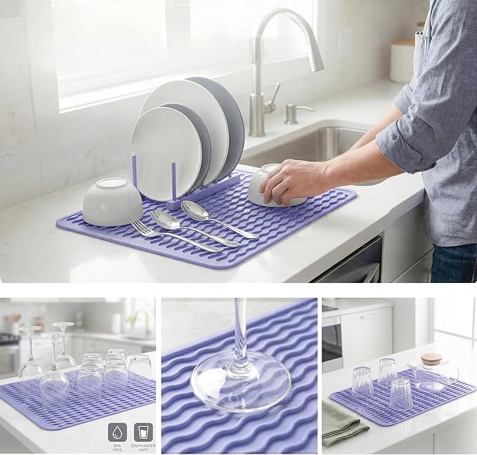 MicoYang Silicone Dish Drying Mat — Quick-Dry Ridges Counter & Sink Pad, Heat-Resistant Trivet to 450°F, Non-Slip & Dishwasher Safe, Roll-Up Storage, 18 Colors & 9 Sizes (Light Purple, 16"×12")
