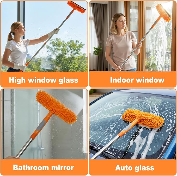 67" Window Squeegee for Window Cleaning with Extension Pole, 3-in-1 | Rotatable Lock Design,Stainless, Professional Window Cleaner Tool Kit for Indoor Outdoor High Windows,Car Glass,Shower Doors