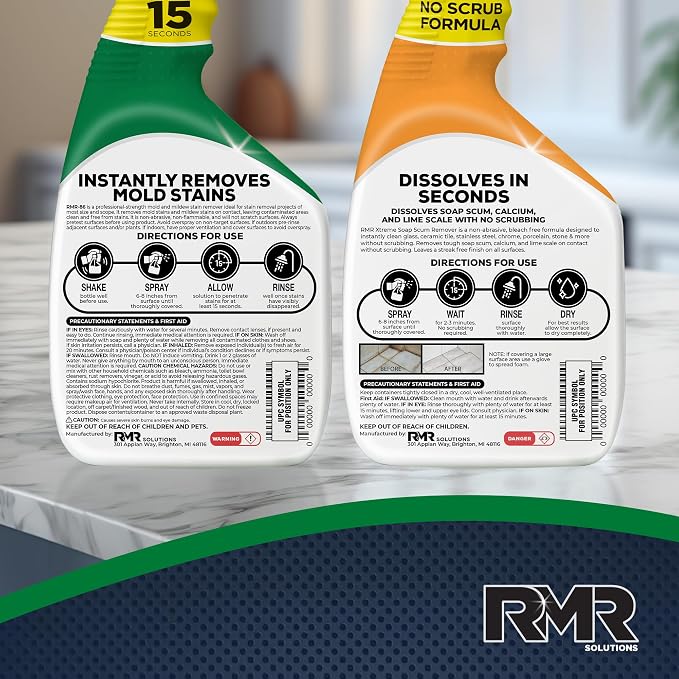 RMR Instant Mold & Mildew Stain Remover Spray + Xtreme Soap Scum Remover, No-Scrub Indoor/Outdoor Cleaning System for Bathroom, Shower, Siding, & Deck, 2–32 Oz Bottles