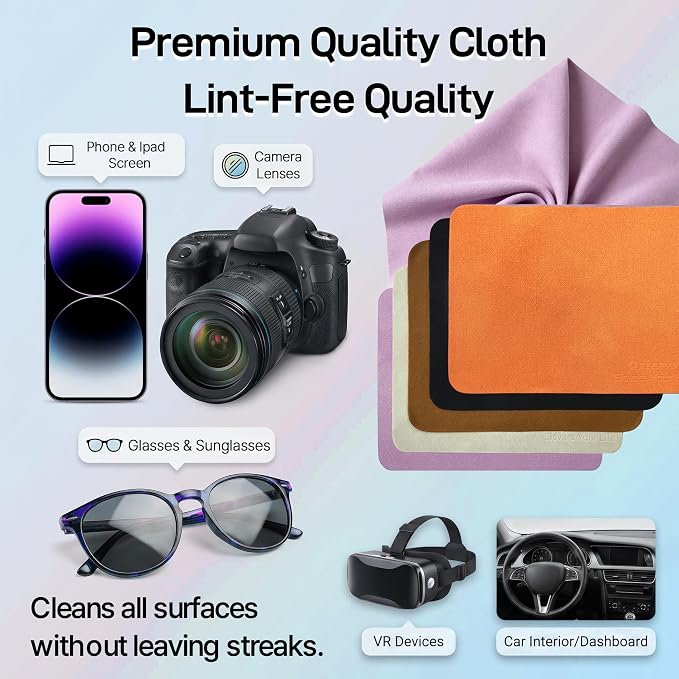 10 Pack Microfiber Cleaning Cloths, Premium 110D Scratch-Free & Lint-Free Clean Cloth for Eyeglasses, Phone Screen, Camera Lens, VR/AR Headset, Car Mirror, Reusable & Washable (5 Colour, 6.9 * 5.7)