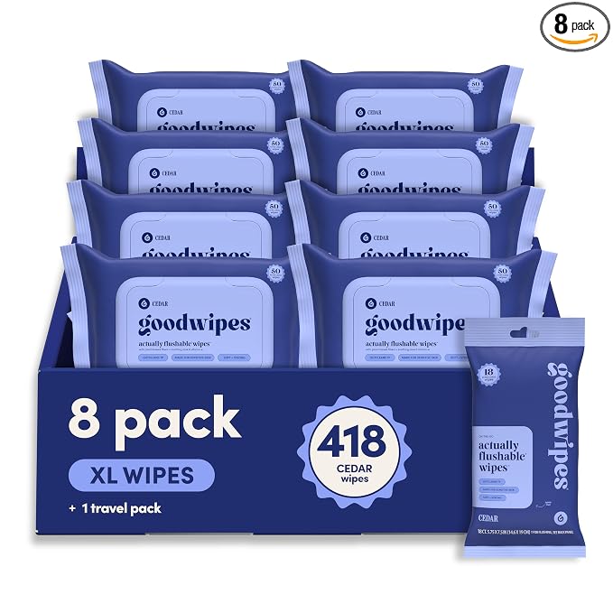 goodwipes Flushable Wipes Bulk Pack, Cedar Adult Wet Wipes for Women & Men, Sewer & Septic Safe, Toilet & Bathroom Essentials, Extra Large, 418 Count (8 Packs and 1 Travel Pack)