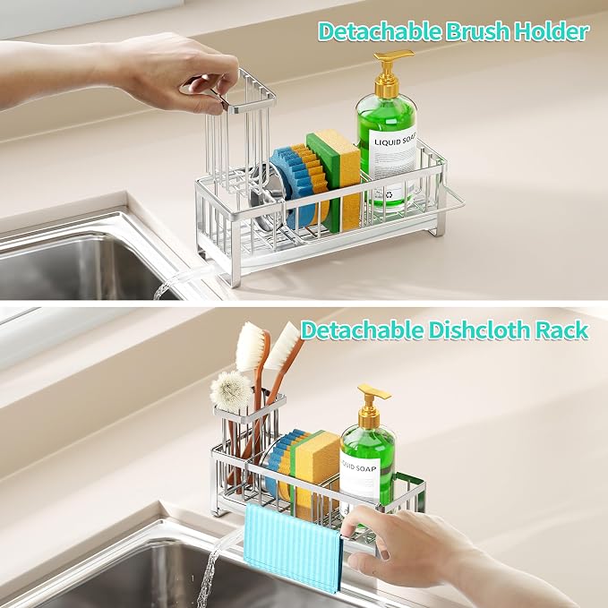 HapiRm Sponge Holder for Kitchen Sink - Self-draining Sink Caddy with Brush Holder and Dishcloth Holder, Stainless Steel Kitchen Organizer - Silver