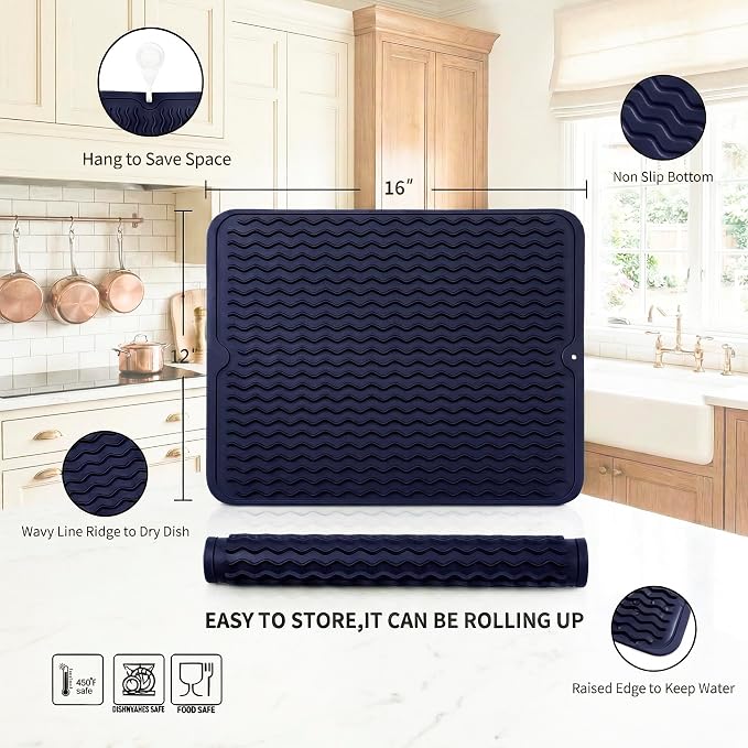 MicoYang Silicone Dish Drying Mat — Quick-Dry Ridges Counter & Sink Pad, Heat-Resistant Trivet to 450°F, Non-Slip & Dishwasher Safe, Roll-Up Storage, 18 Colors & 9 Sizes (Navy Blue, 16"×12")