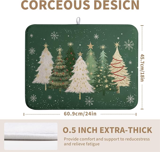 Green Christmas Tree Snowflakes Dish Drying Mat for Kitchen Counter 18x24 Inch Winter Xmas Holiday Dish Rack Mat Absorbent Microfiber Dish Draining Mat Reversible Drainer Pad