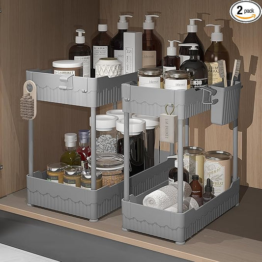 Sevenblue 2 Pack Under Sink Organizer, Under Bathroom Cabinet Organizer with Hooks Hanging Cup, Multi-Purpose Storage Shelf for Kitchen Bathroom (Gray, 12.8 Inch)
