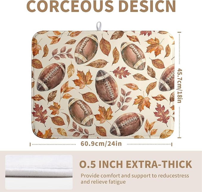 Burnt Orange Football Maple Leaves Fall Dish Drying Mat for Kitchen Counter Autumn Thanksgiving Dish Drying Pad Seasonal Harvest Holiday Absorbent Microfiber Dishes Drainer Mats 18x24 Inch
