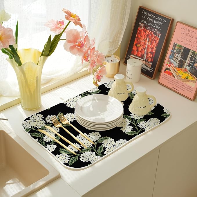 Spring Dish Drying Mat 18x24 Inches For Kitchen Counter Absorbent Black Beige Hydrangea Floral Kitchen Decoration Summer Flower Drying Mat Pad For Home Kitchen,Dining Room,Office Decor