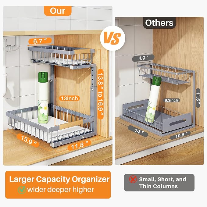 PXRACK Under Sink Organizer, Adjustable Height, 2 Tier Pull Out Under Cabinet Organizer, Slide Out Thickened Metal Under Sink Storage for Kitchen Bathroom Laundry Pantry Cabinet, Grey, Large-1-Pack