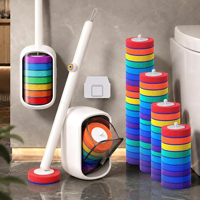 Disposable Toilet Brush, Wall Mounted Toilet Bowl Brush with 35 Colorful Refills, Toilet Bowl Brush with Storage Box for Deep Bathroom Toilet Cleaning (1 Handle + 35 Colorful Refills).